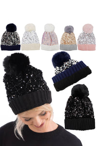 Bedazzled Metallic Sequins Knitted Pom Pom Beanie