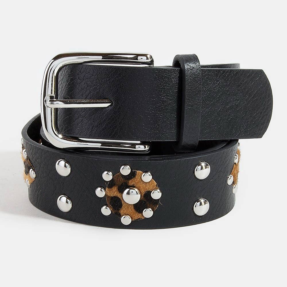 Cheetah Patch Studded Faux Leather Belt