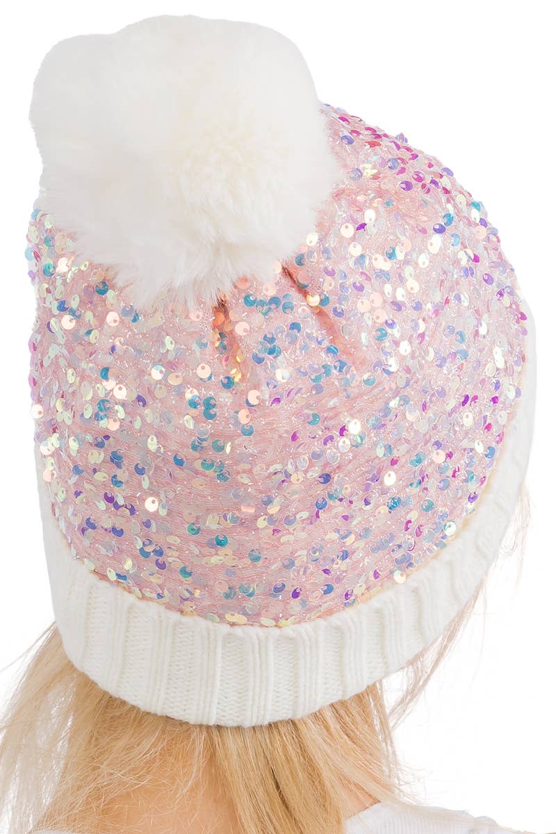 Bedazzled Metallic Sequins Knitted Pom Pom Beanie