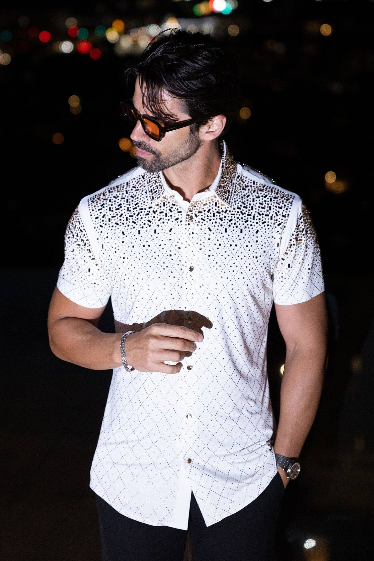 Men's Rhinestone Stretch Short Sleeve Shirt