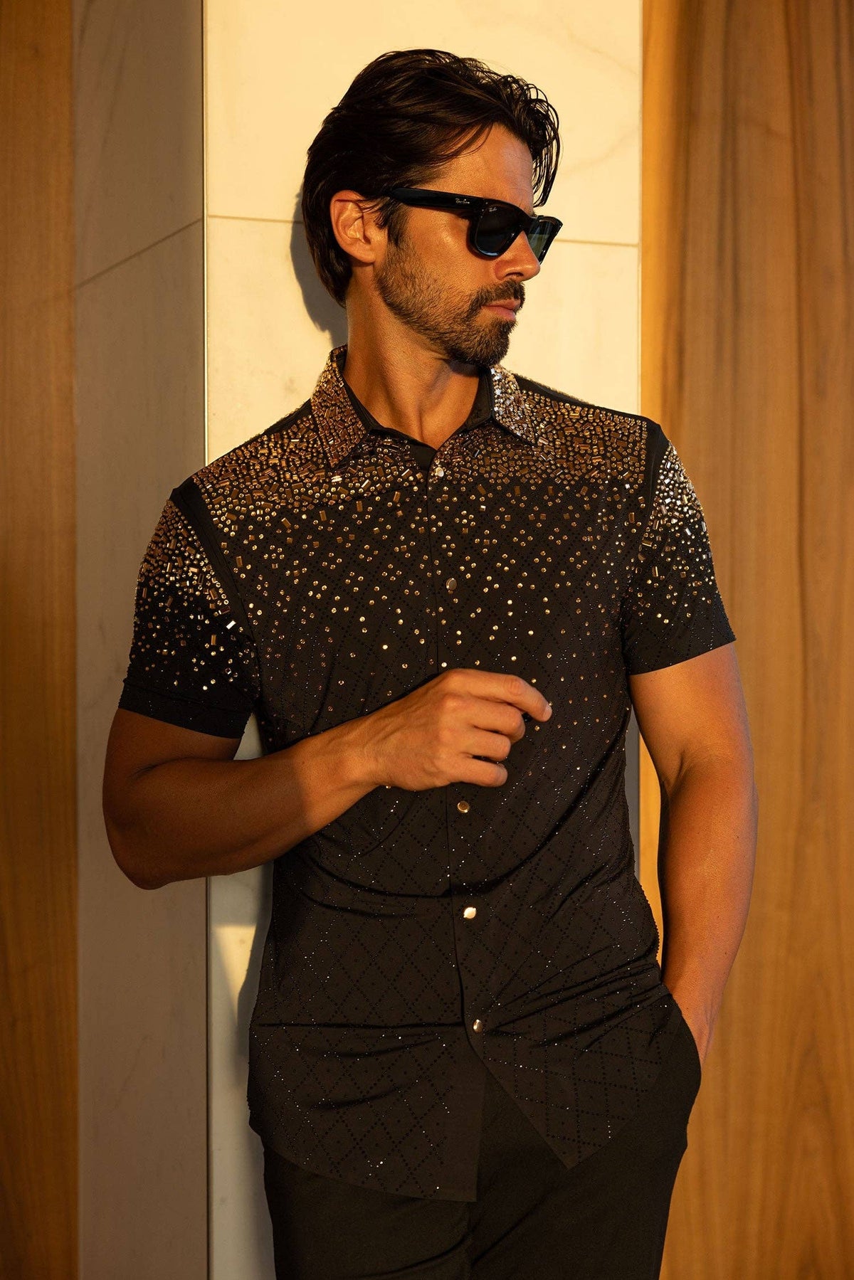 Men's Rhinestone Stretch Short Sleeve Shirt