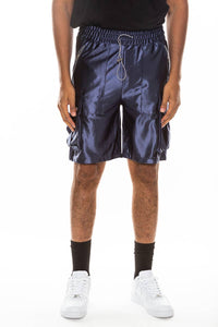 Mens Satin Cargo Utility Shorts with Snap Button Pockets