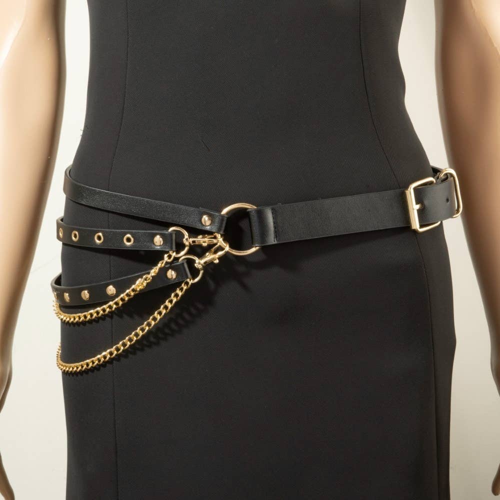 Studded Vegan Leather With Chain Drape Belt