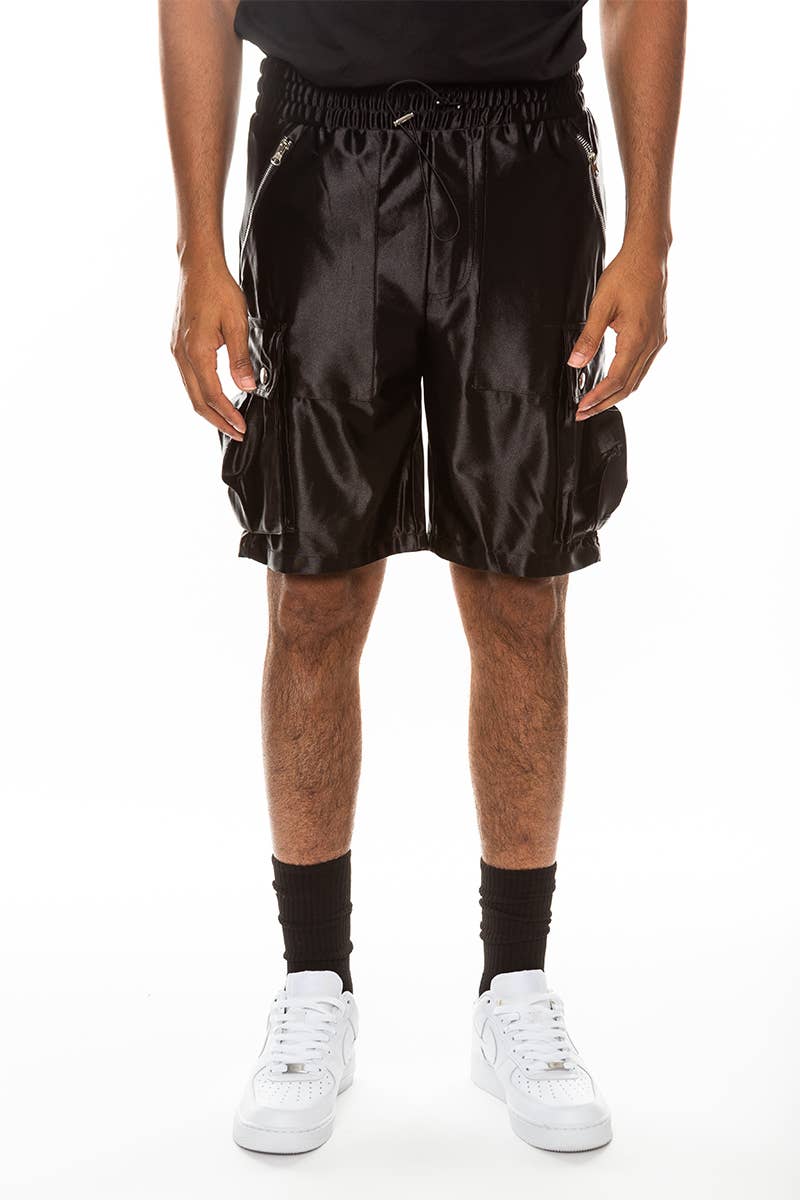 Mens Satin Cargo Utility Shorts with Snap Button Pockets