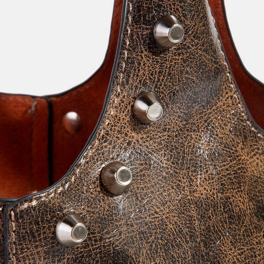 Weathered Leather And Studs Bucket Bag