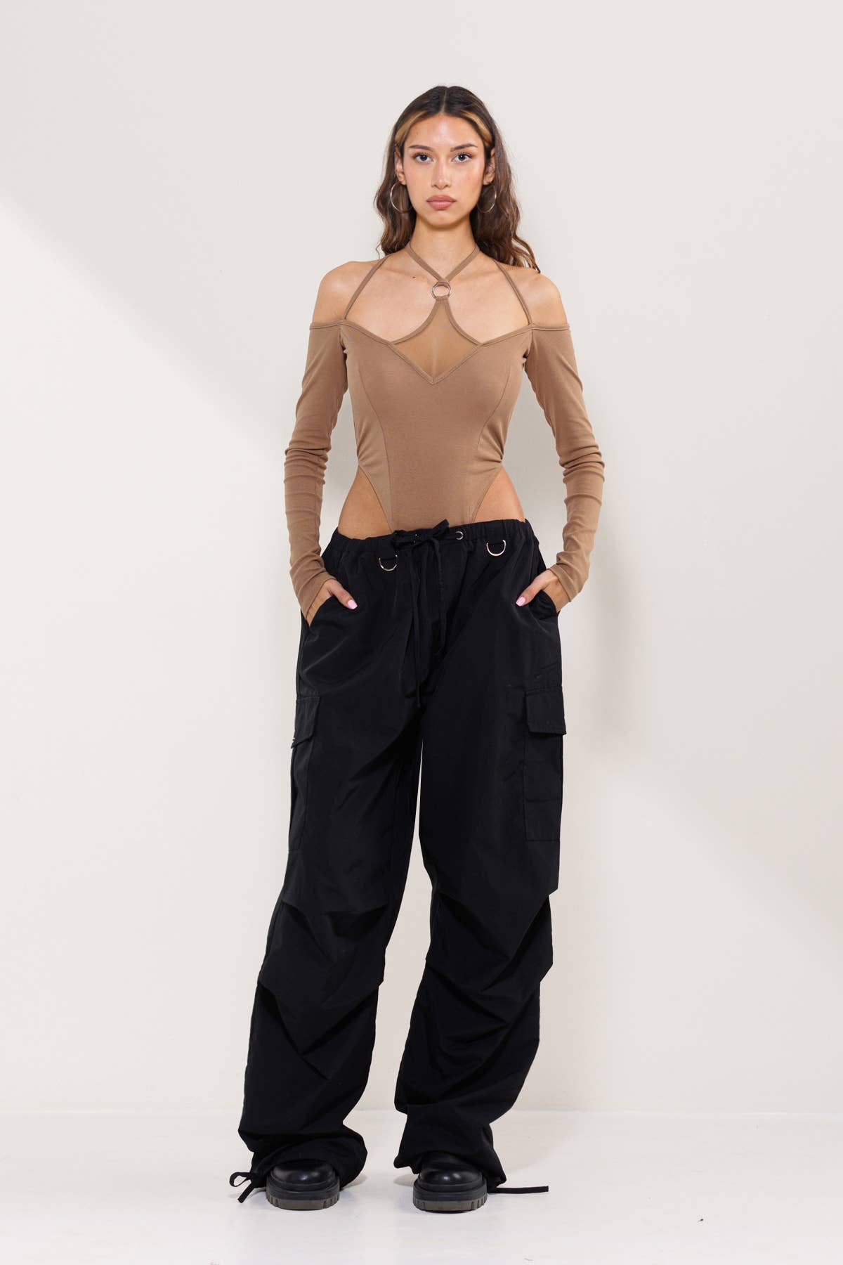 Diamond mesh details and strappy long sleeves bodysuit