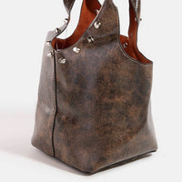 Weathered Leather And Studs Bucket Bag