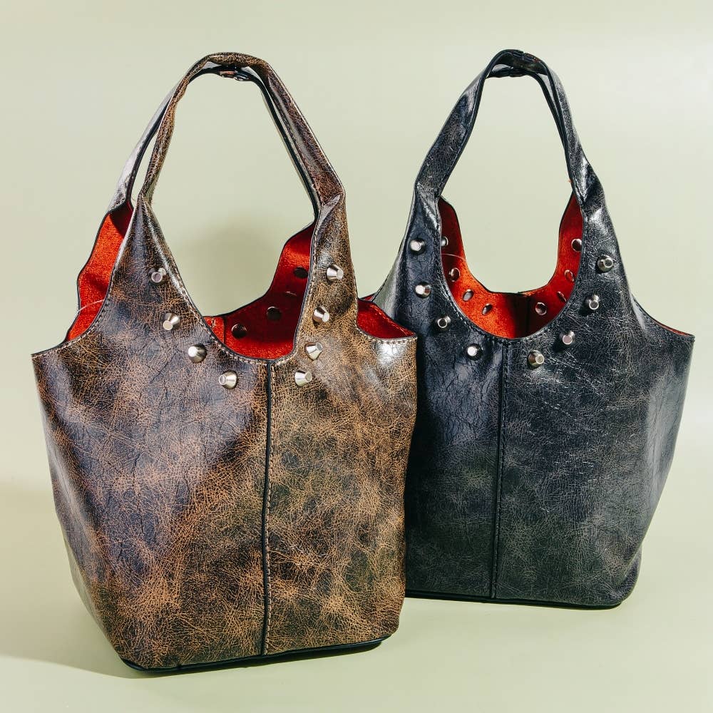 Weathered Leather And Studs Bucket Bag