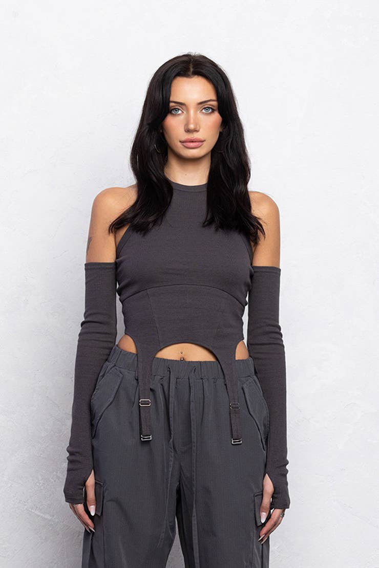 Ribbed buckle detail cami top w/ attached sleeves