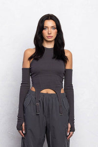 Ribbed buckle detail cami top w/ attached sleeves