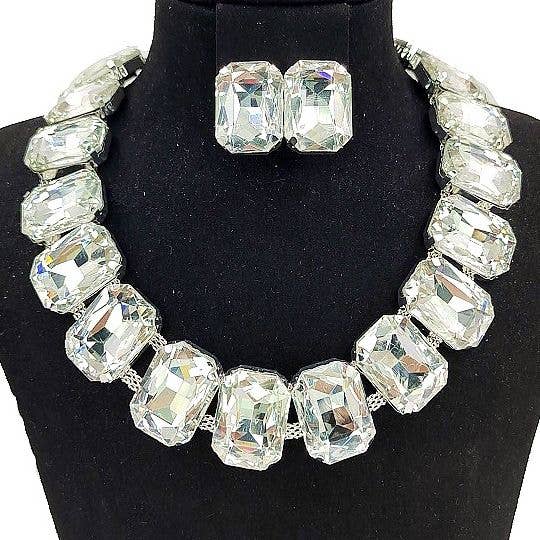 Bold Rectangle Crystal Rhinestone Necklace Set