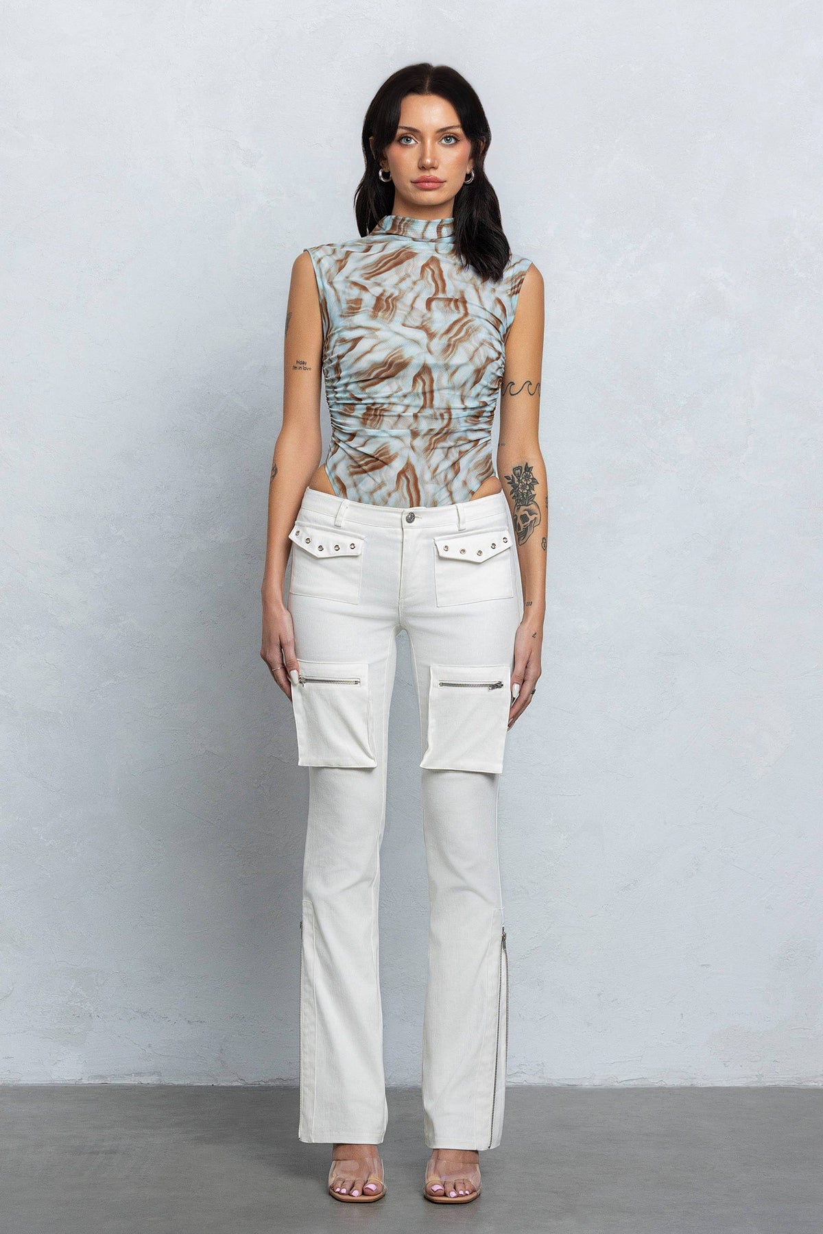 Printed mesh mock-neck sleeveless bodysuit