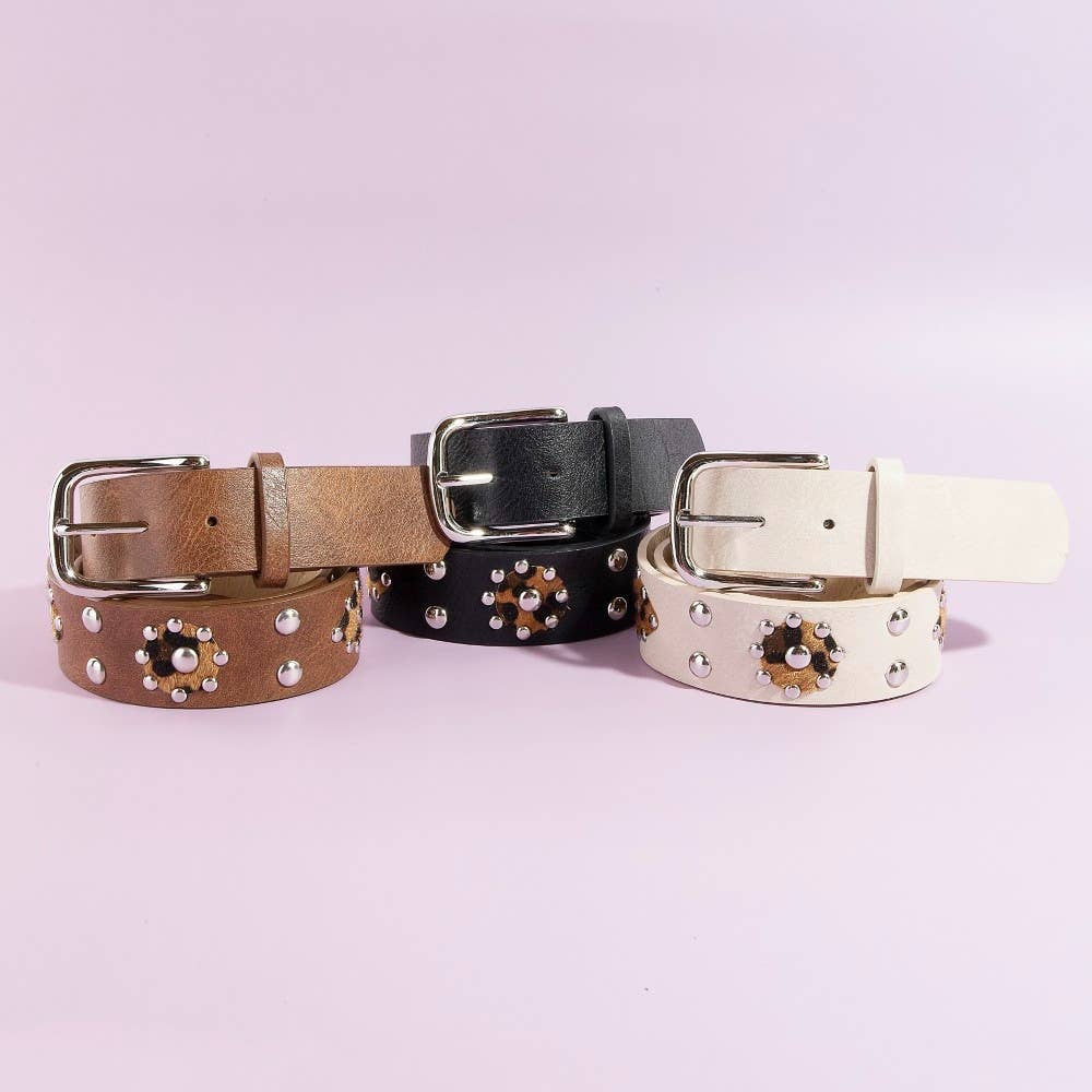 Cheetah Patch Studded Faux Leather Belt