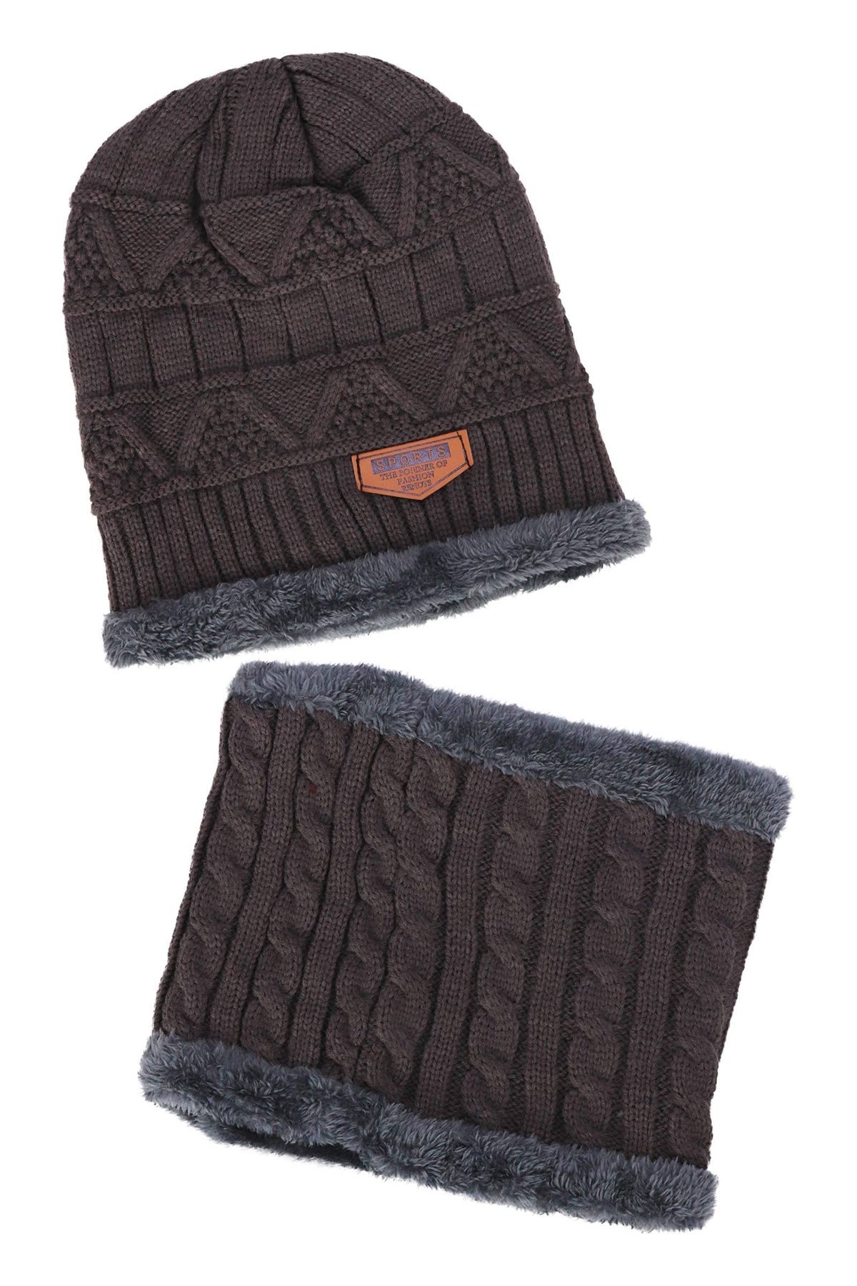 Dark Neutrals 2-piece Knit Fur Beanie Scarf