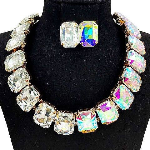 Bold Rectangle Crystal Rhinestone Necklace Set