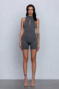 Soft & lightweight mockneck romper w/zipper detail