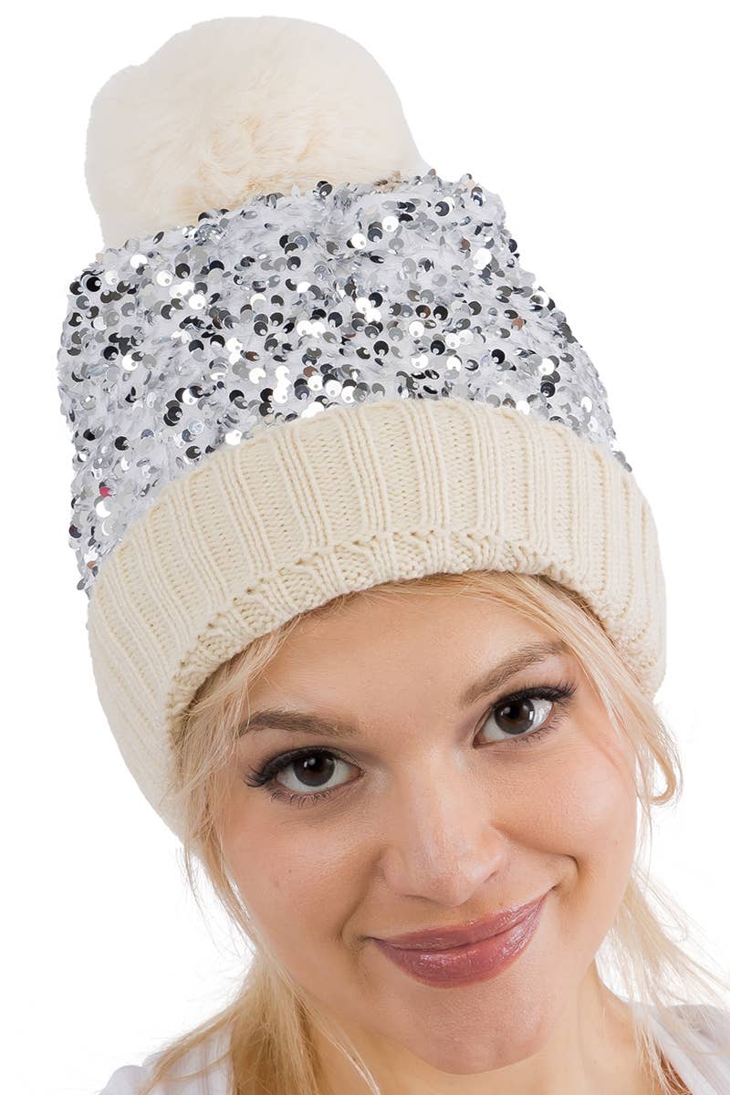 Bedazzled Metallic Sequins Knitted Pom Pom Beanie